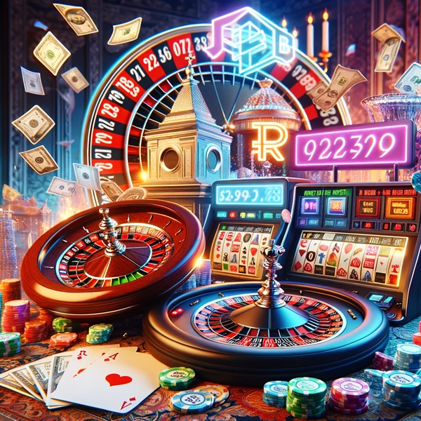 Онлайн казино с рулеткой, игровым автоматом и картами, акцент на рублевых фишках и купюрах, подчеркивающий российские ставки в азартных играх