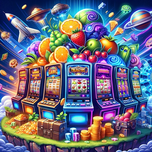 Колоритное изображение разнообразных тем онлайн слотов, включая классические фрукты, поиски сокровищ и космические приключения, в атмосфере онлайн казино
