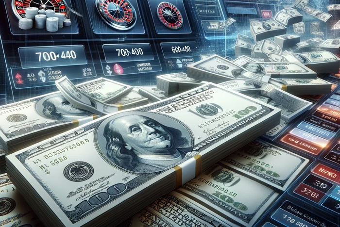 Элегантное изображение с долларами на фоне интерфейса онлайн казино, включающее элементы цифровых игровых автоматов, колес рулетки и игральных карт, символизирующее возможности и волнение от игры в онлайн казино на доллары